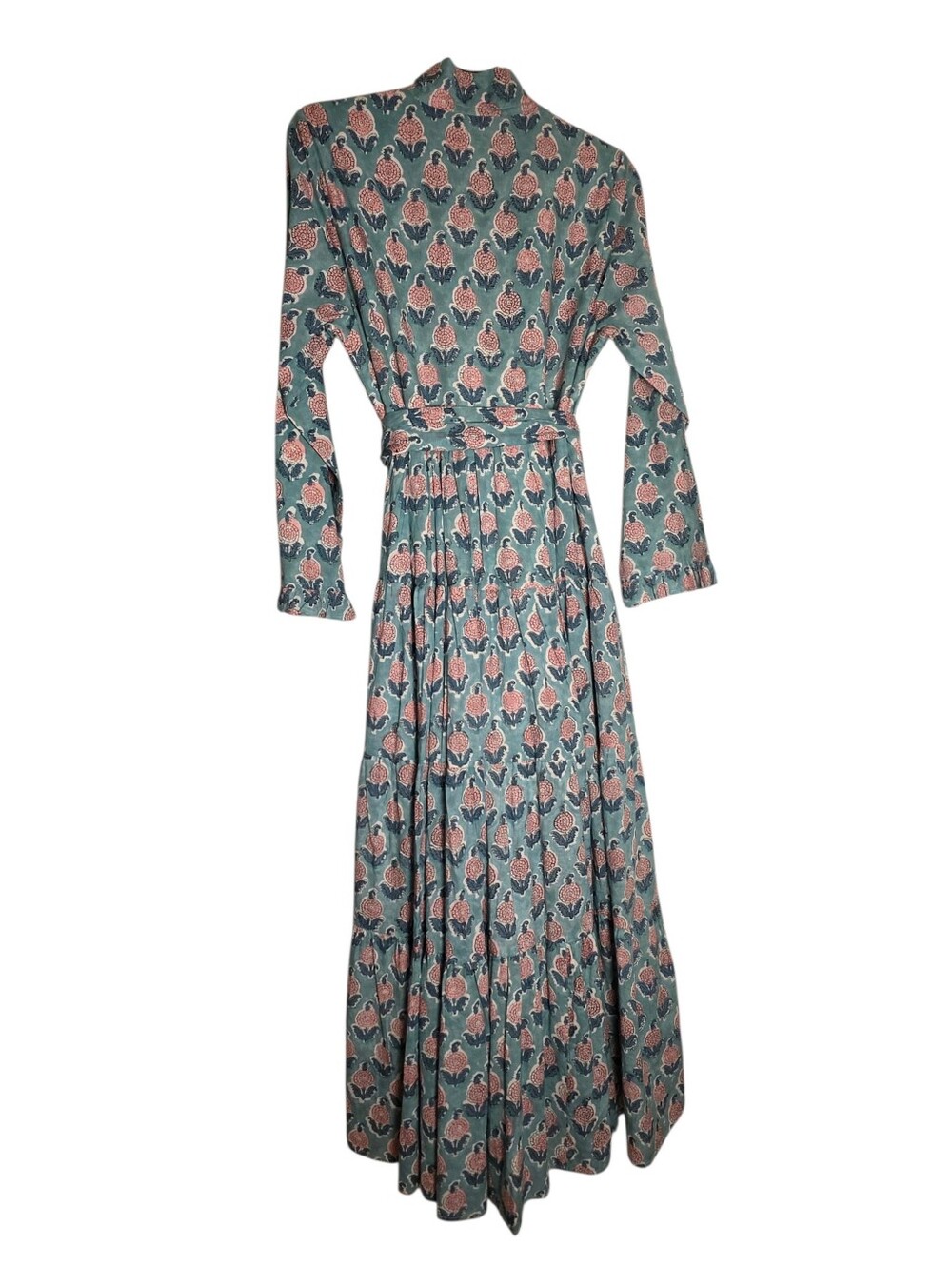 Maisha Concept XL Tiered Green Floral Long Sleeve Maxi Dress Belt Pockets Summer - Picture 4 of 9